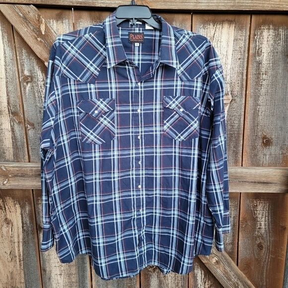 Plains Big Man Western Pearl Snap Shirt Blue Plaid Size 3X - Picture 1 of 7